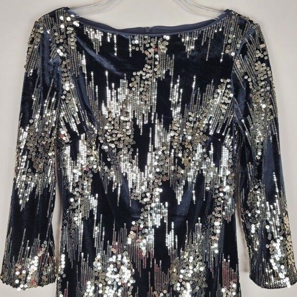 Eliza J Size 2 Sequin Velvet Shift Mini Dress 3/4 Sleeve Party Black Gold - Picture 5 of 12